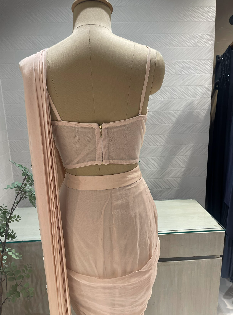 Dusty Pink Satin Organza Pre Draped Saree with Jewel Blouse