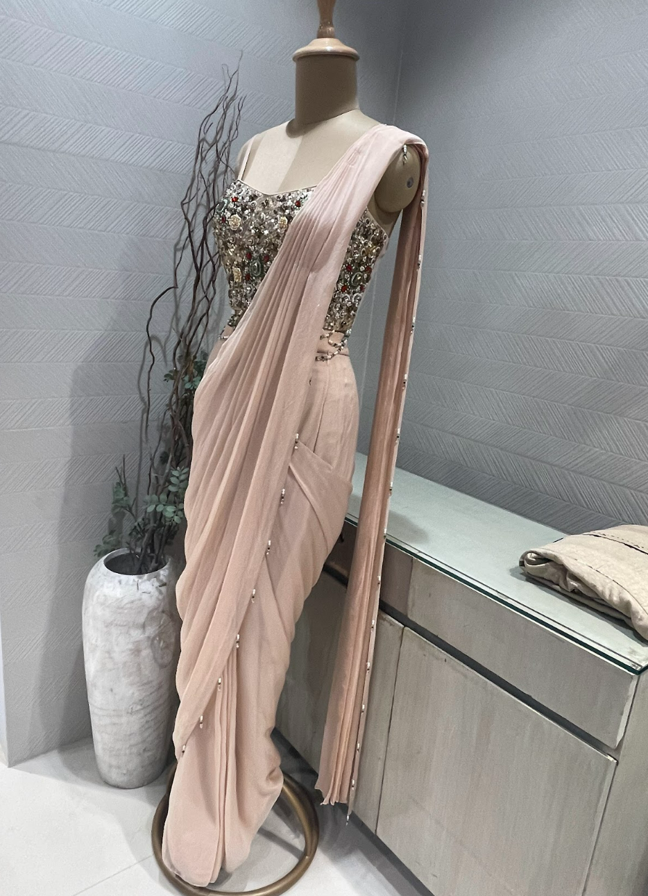 Dusty Pink Satin Organza Pre Draped Saree with Jewel Blouse