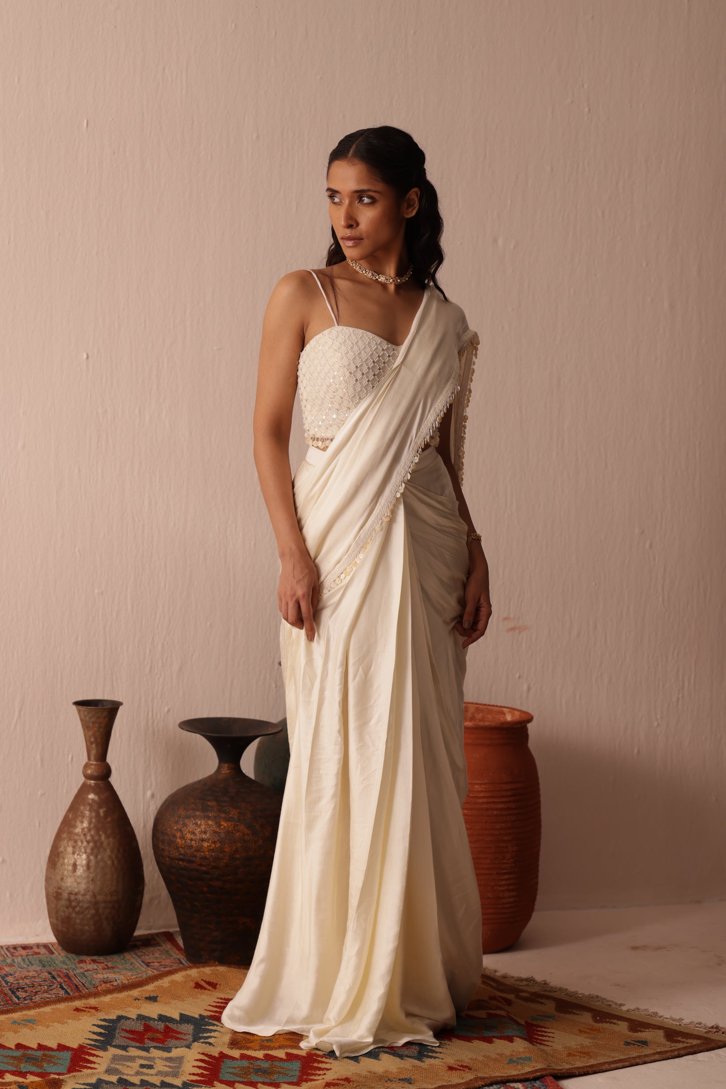 Ivory Satin Tonal Draped Saree