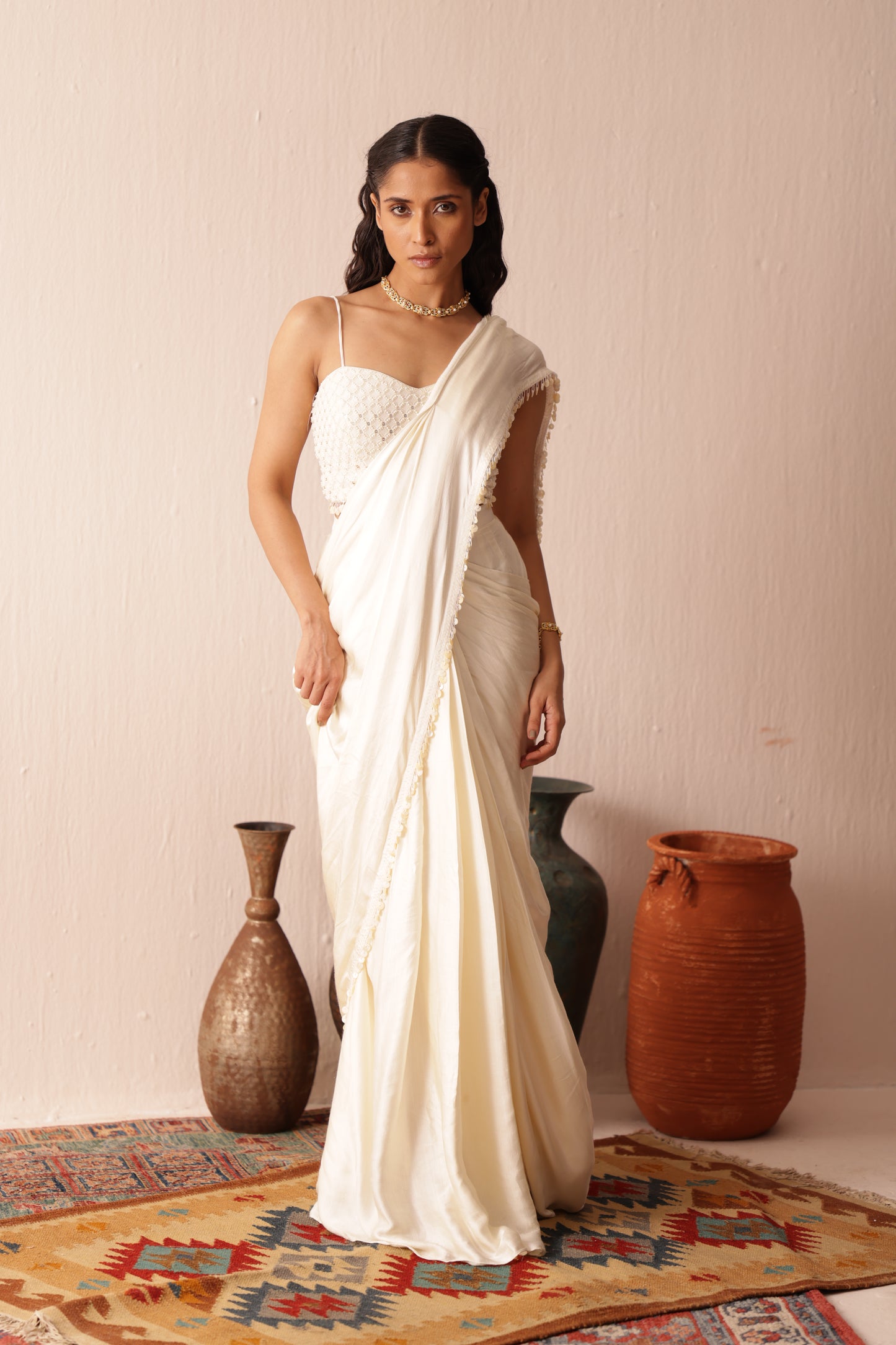 Ivory Satin Tonal Draped Saree