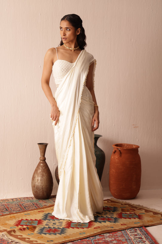 Ivory Satin Tonal Draped Saree