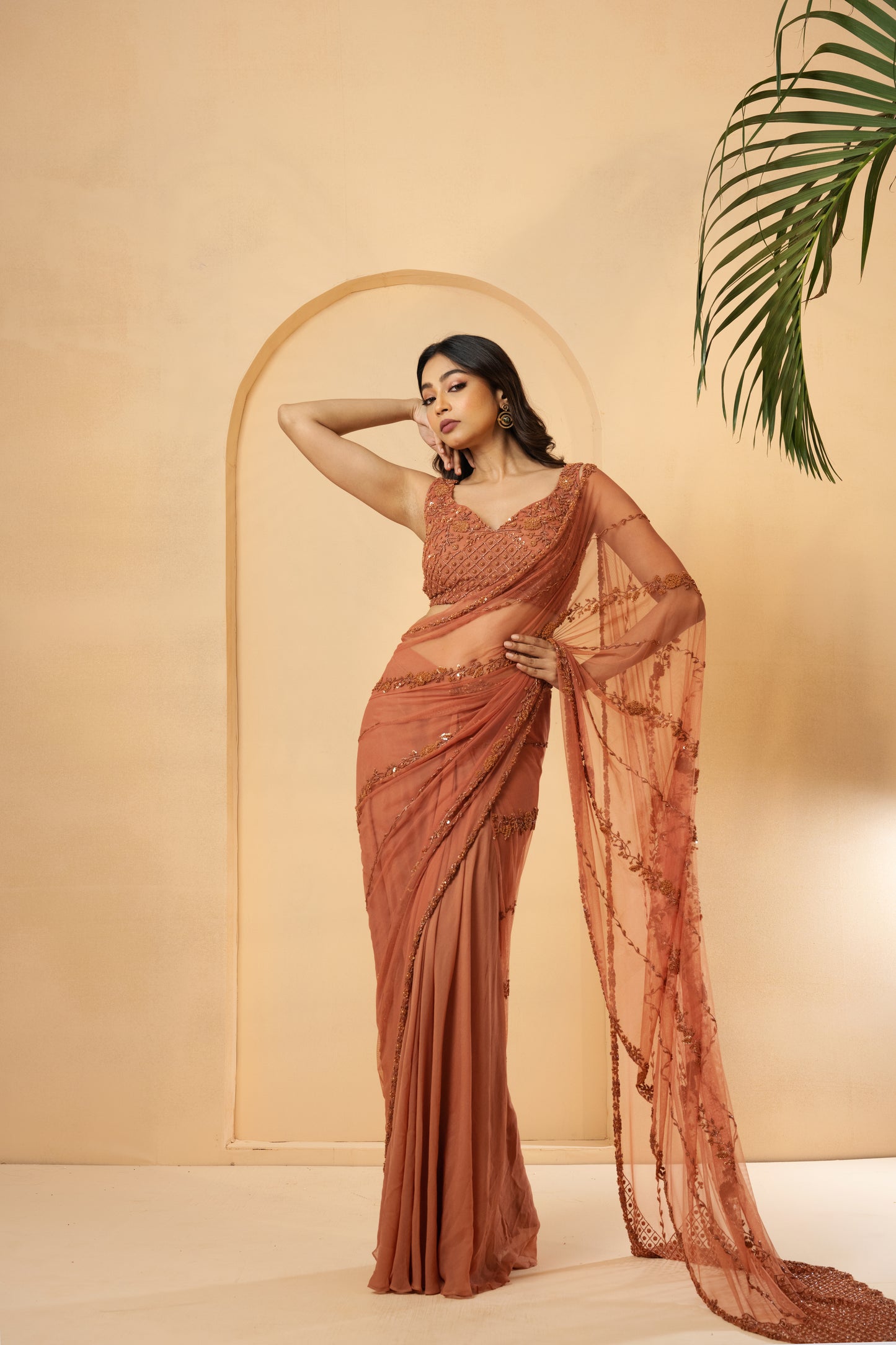 Rust Georgette Sequins Embroidered Pre-Stitched Saree Set