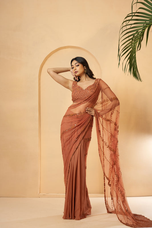 Rust Georgette Sequins Embroidered Pre-Stitched Saree Set