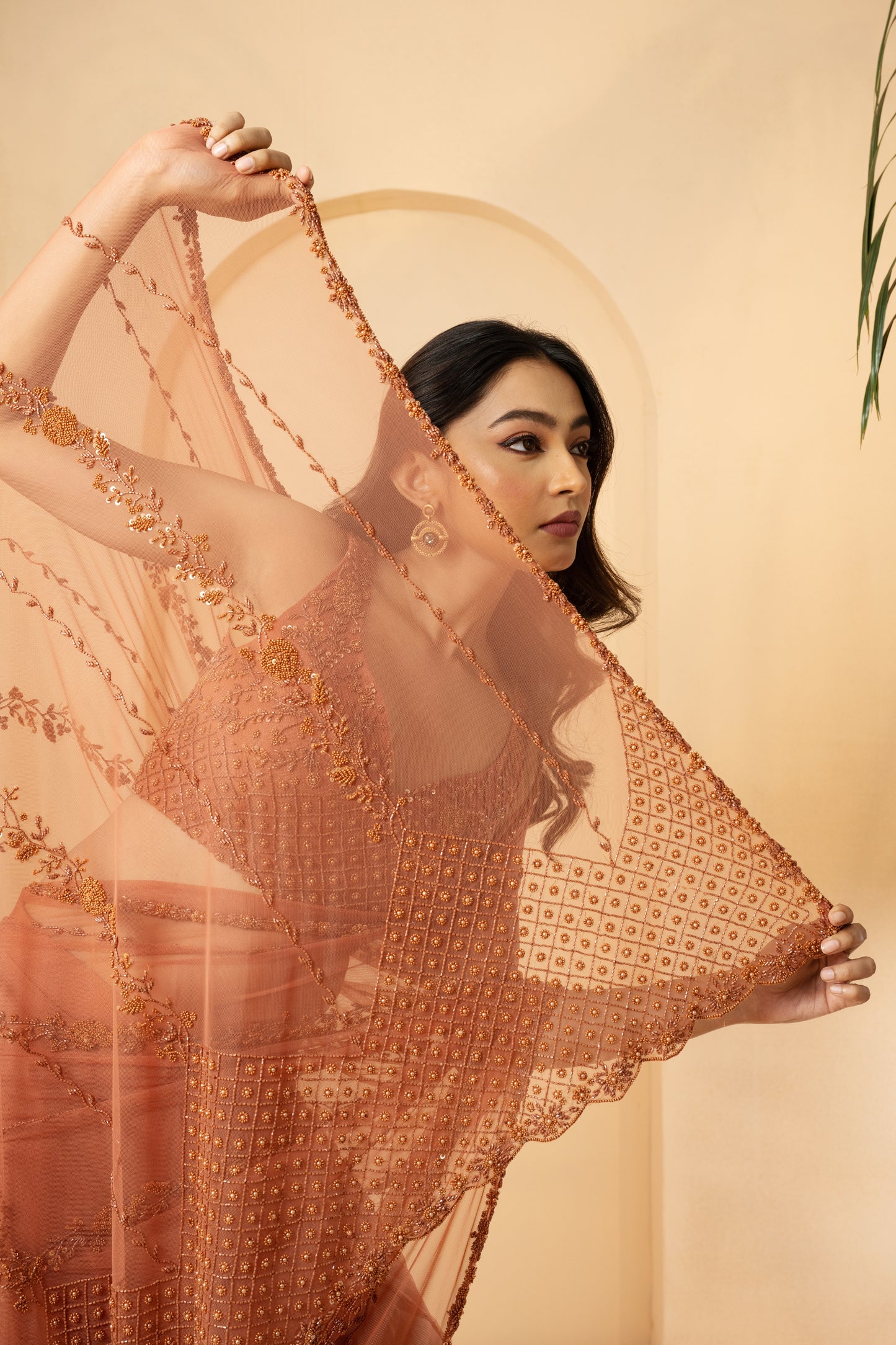 Rust Georgette Sequins Embroidered Pre-Stitched Saree Set