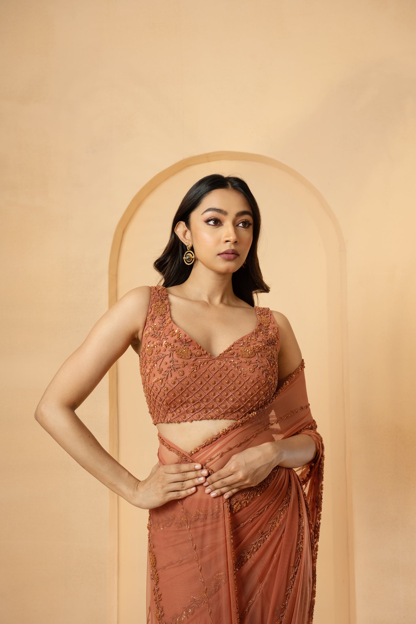 Rust Georgette Sequins Embroidered Pre-Stitched Saree Set