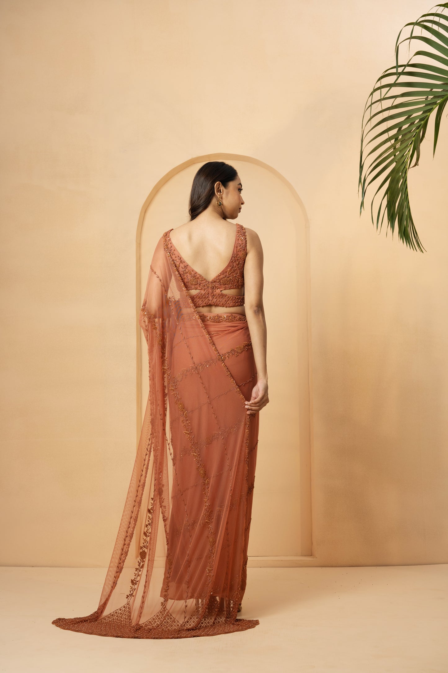 Rust Georgette Sequins Embroidered Pre-Stitched Saree Set