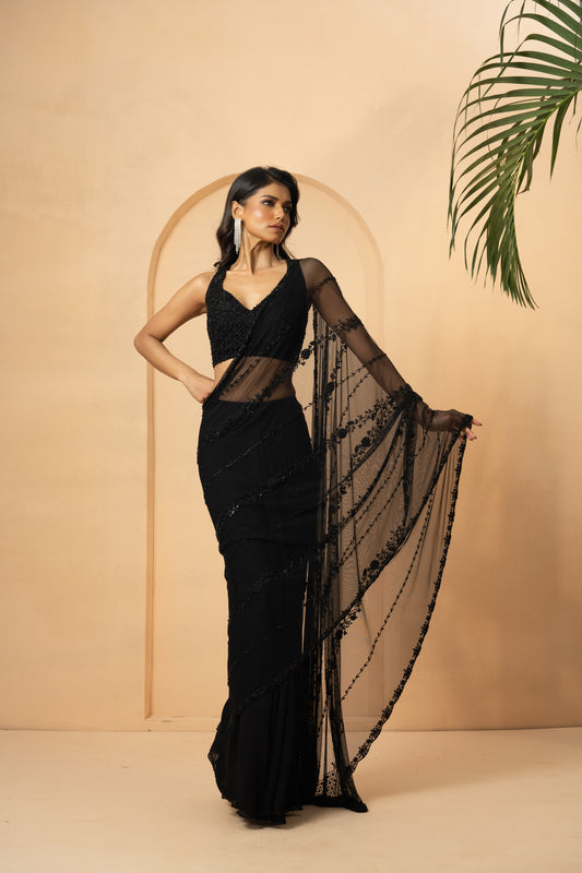 Black Georgette Sequins Embroidered Pre-Stitched Saree Set