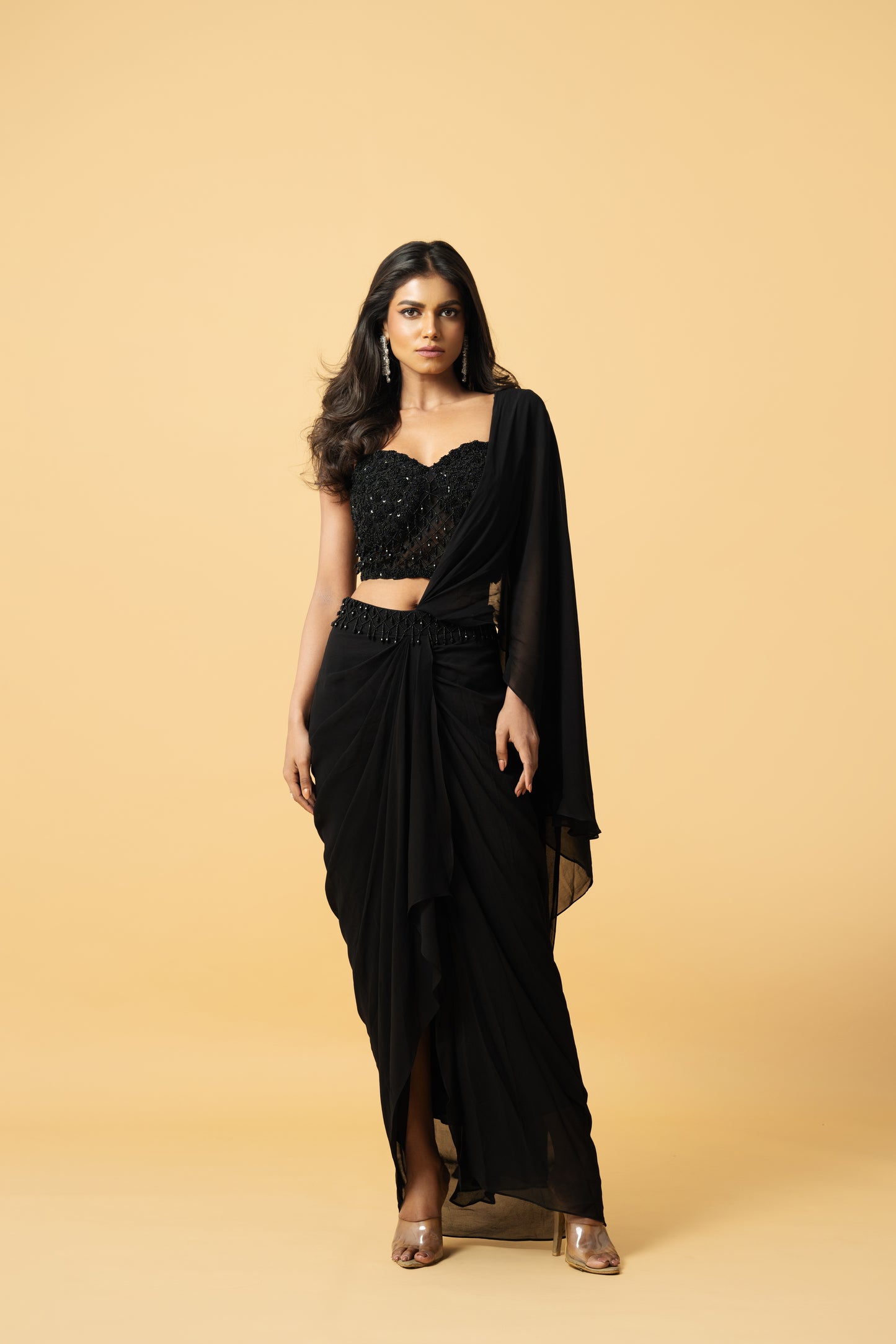 Black Georgette Zardosi Embroidered Pre-Stitched Saree Set