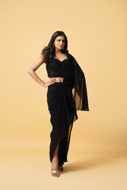 Black Georgette Zardosi Embroidered Pre-Stitched Saree Set