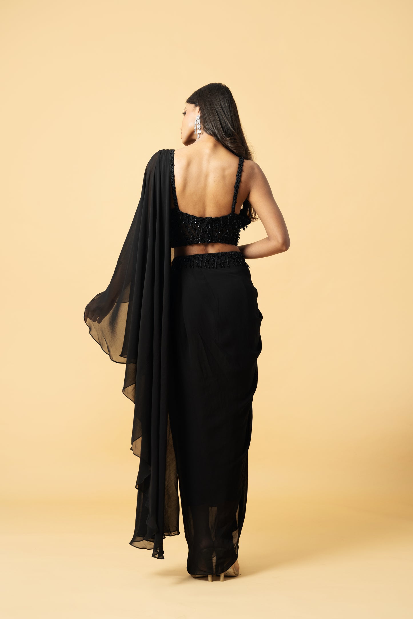 Black Georgette Zardosi Embroidered Pre-Stitched Saree Set