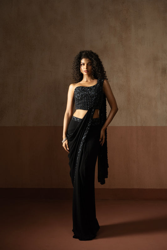 Black one shoulder corset draped saree