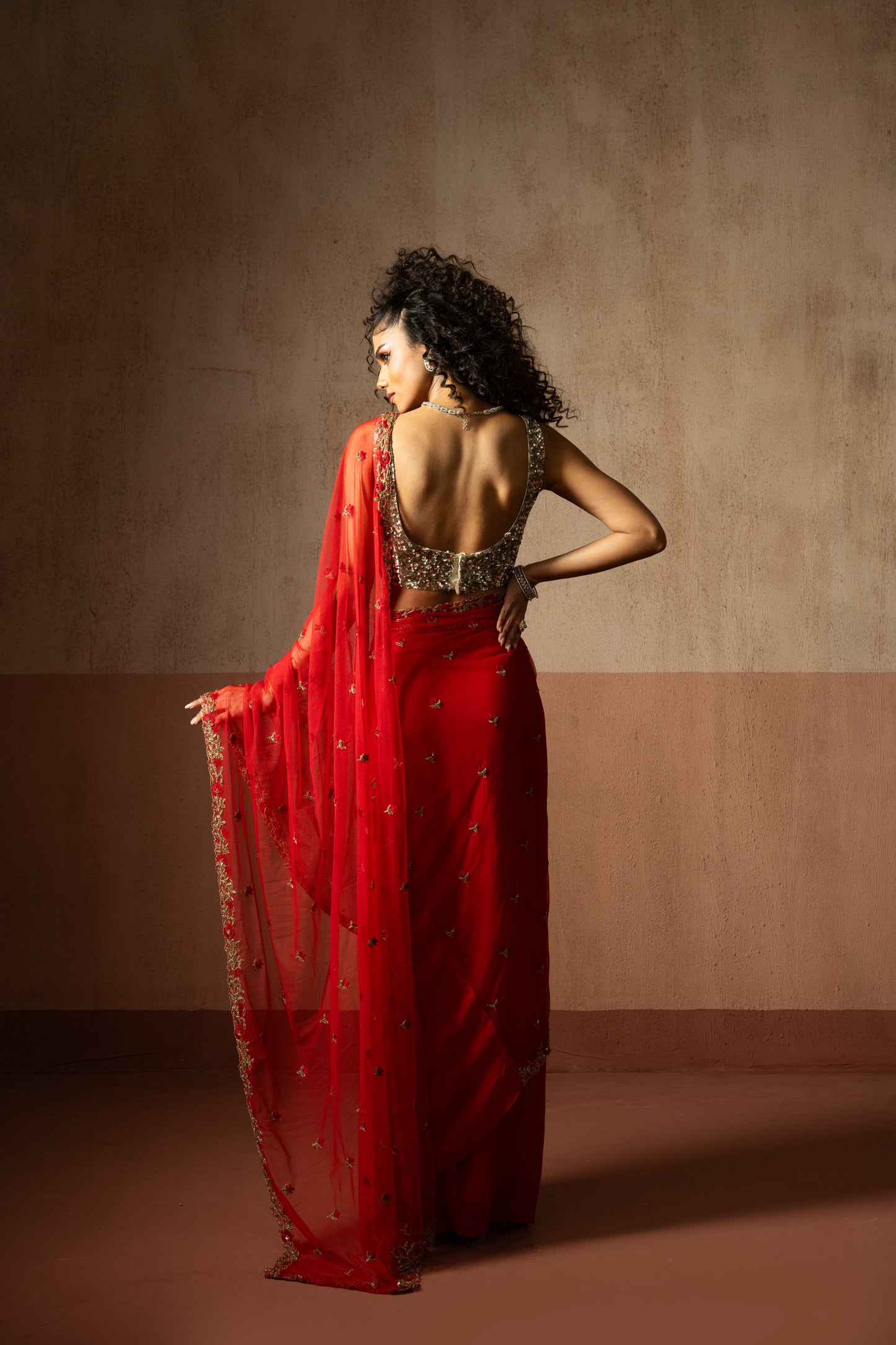 Red Draped Saree with Sequin Blouse