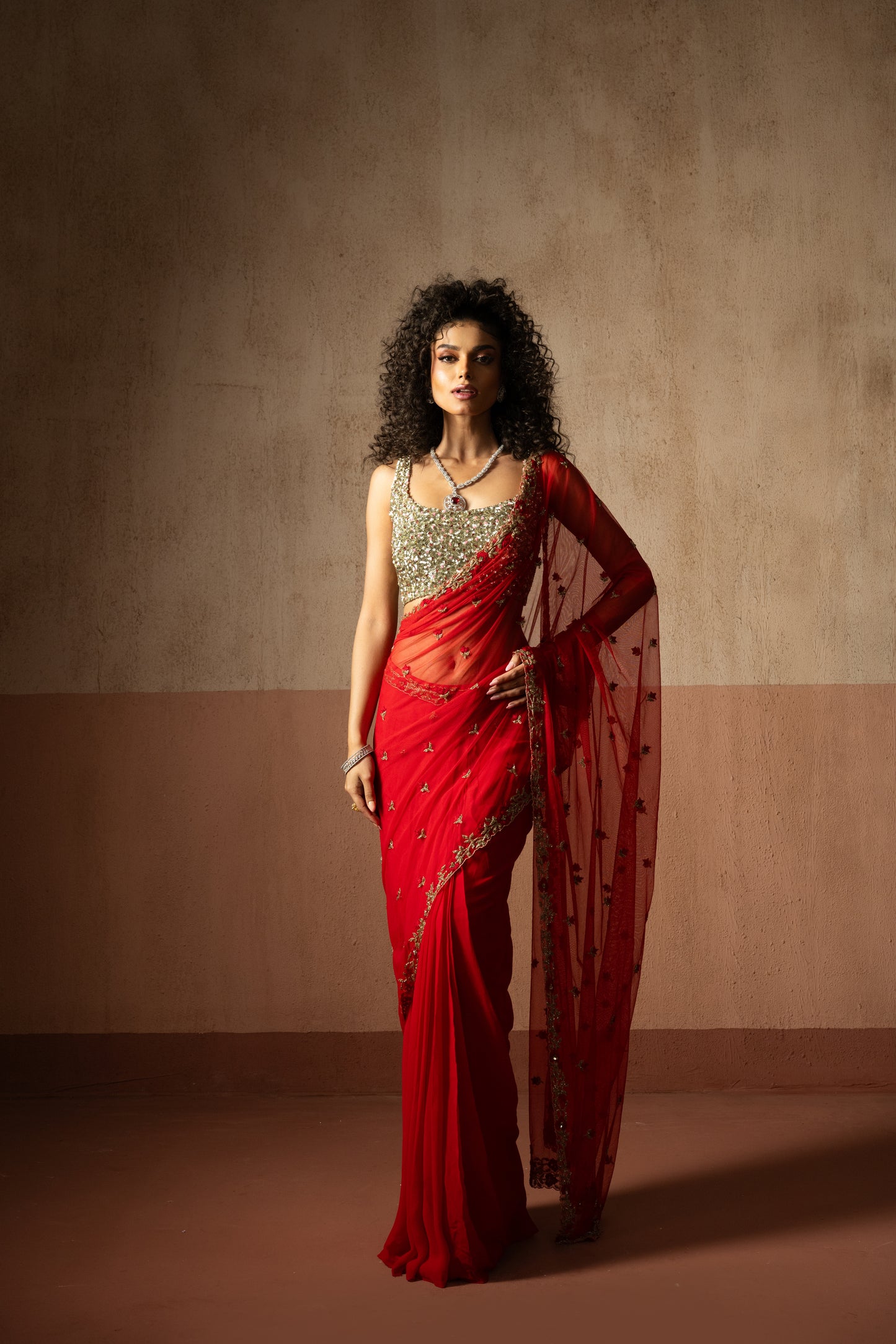 Red Draped Saree with Sequin Blouse