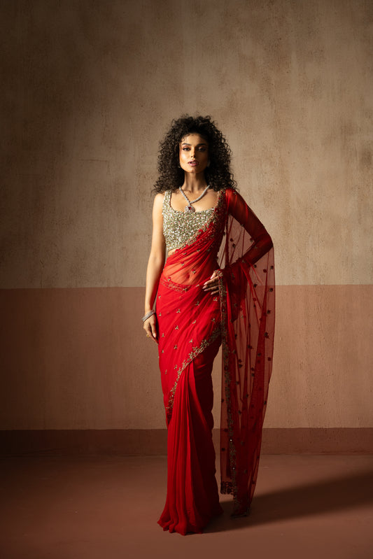 Red Draped Saree with Sequin Blouse