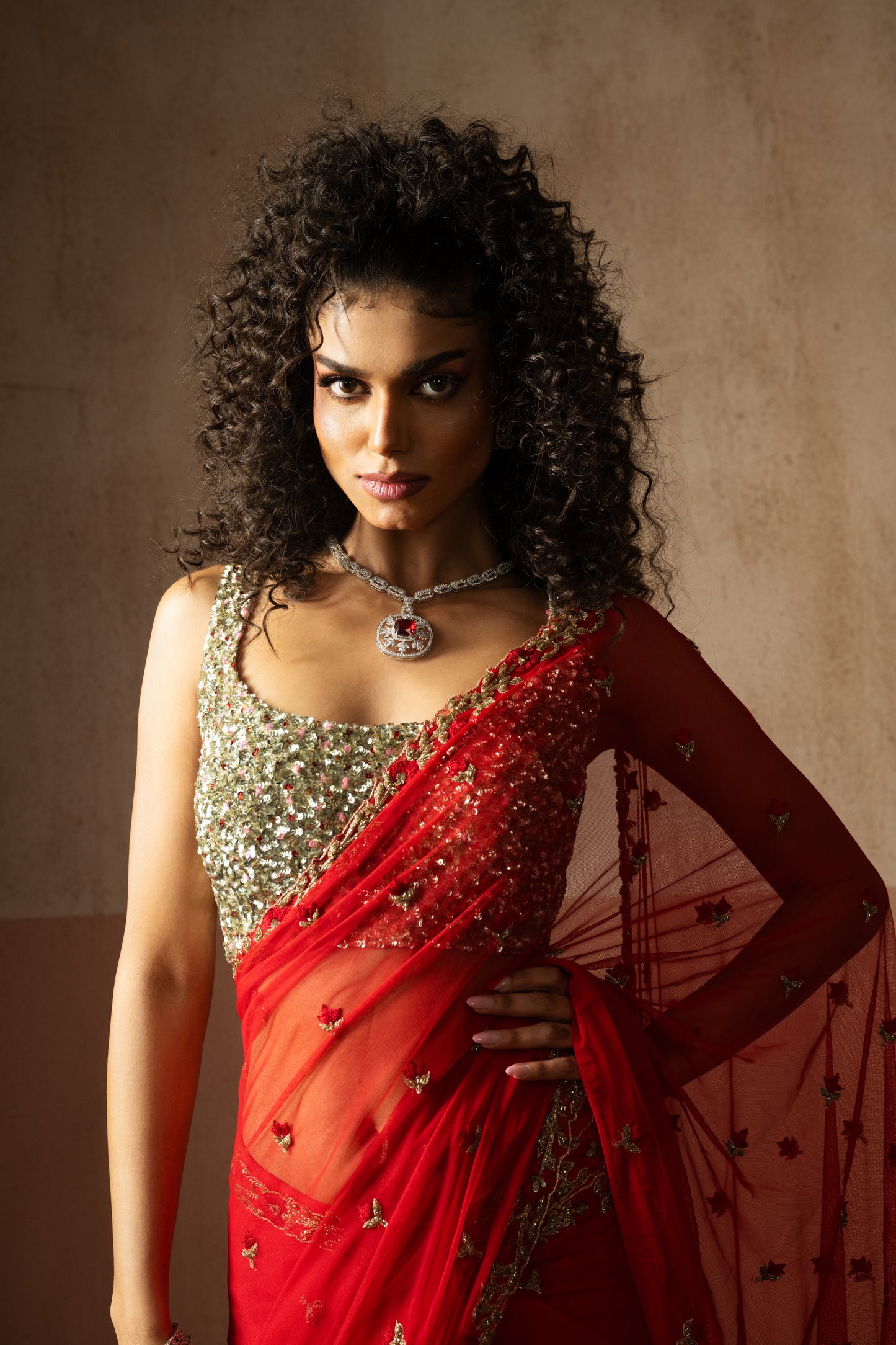 Red Draped Saree with Sequin Blouse