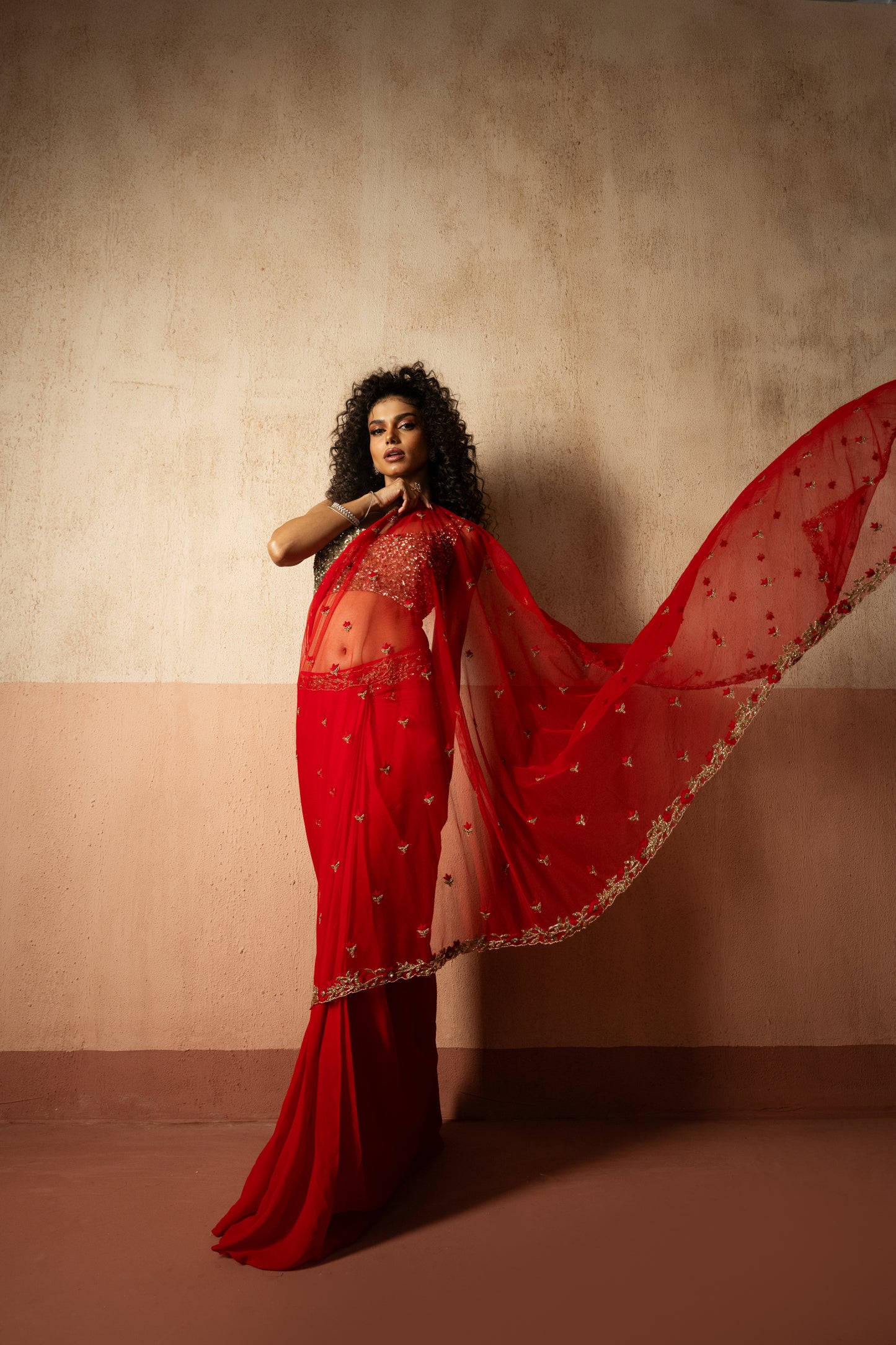 Red Draped Saree with Sequin Blouse