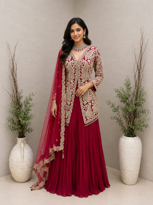 Ruby red pleated Sharara set