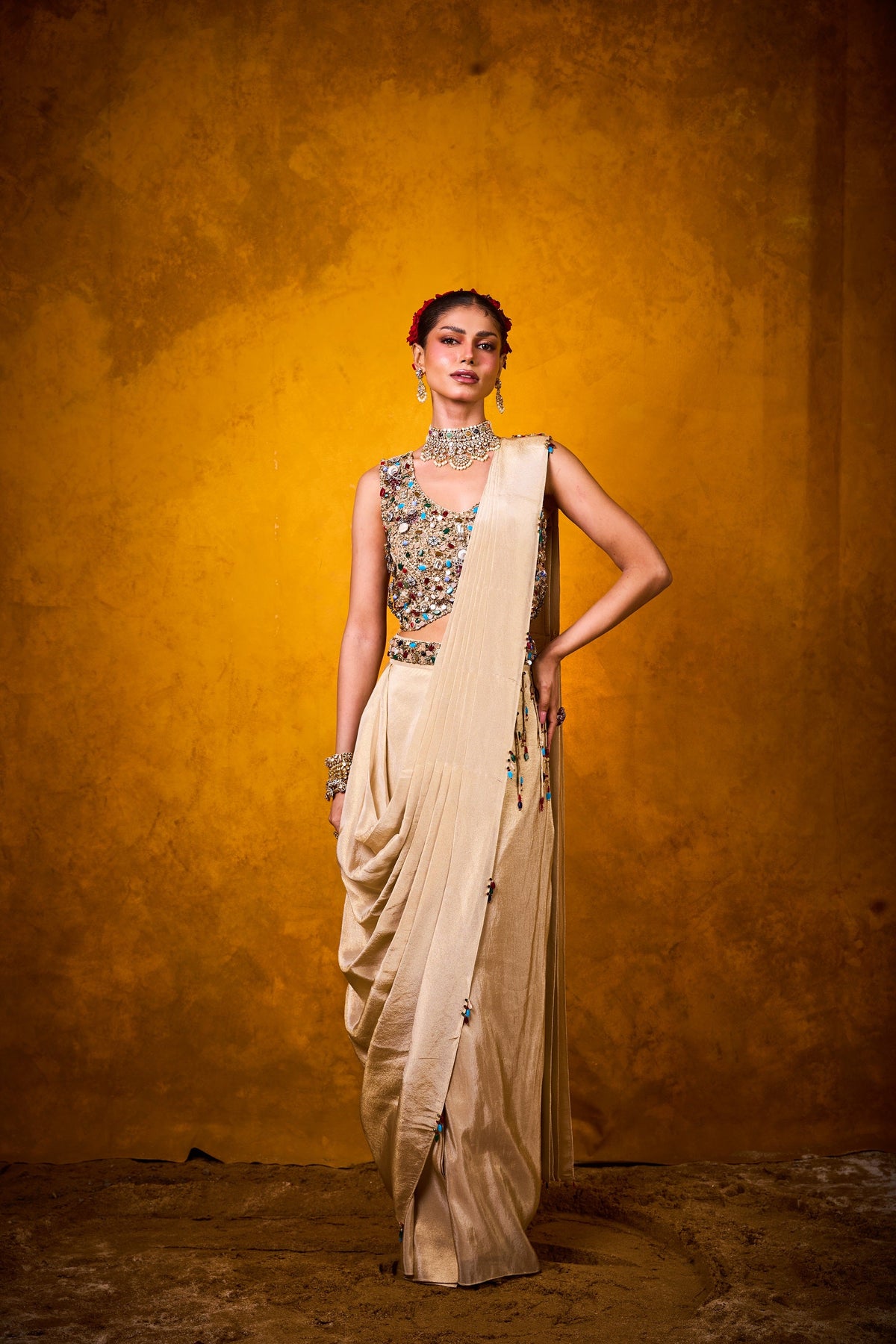 Navratna Saree in light gold - View 1