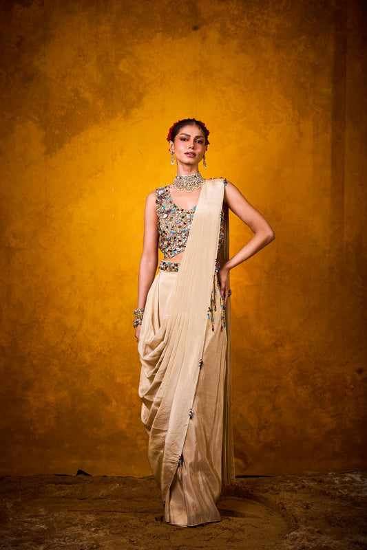 Navratna Saree in light gold - View 1