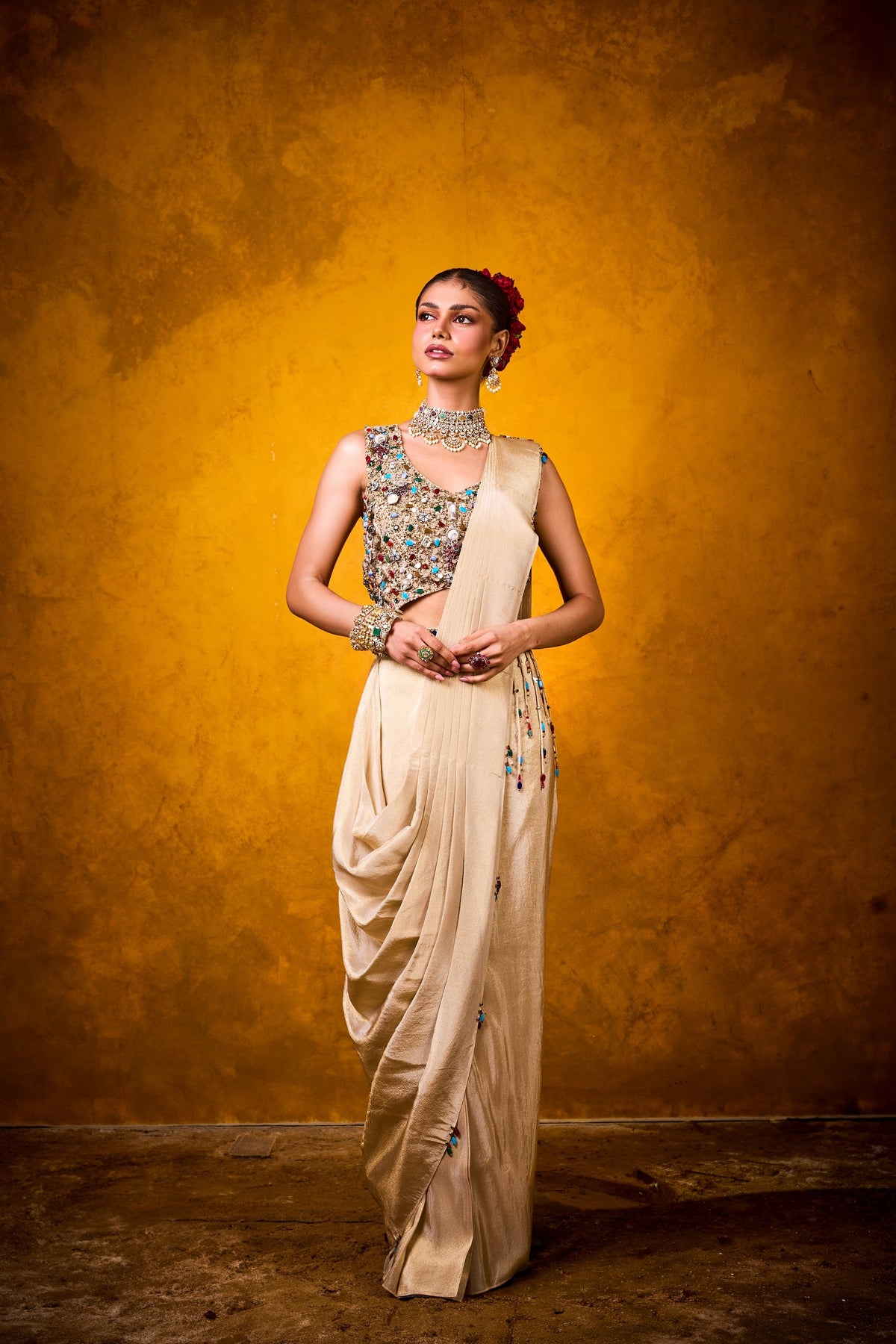 Navratna Saree in light gold - View 2