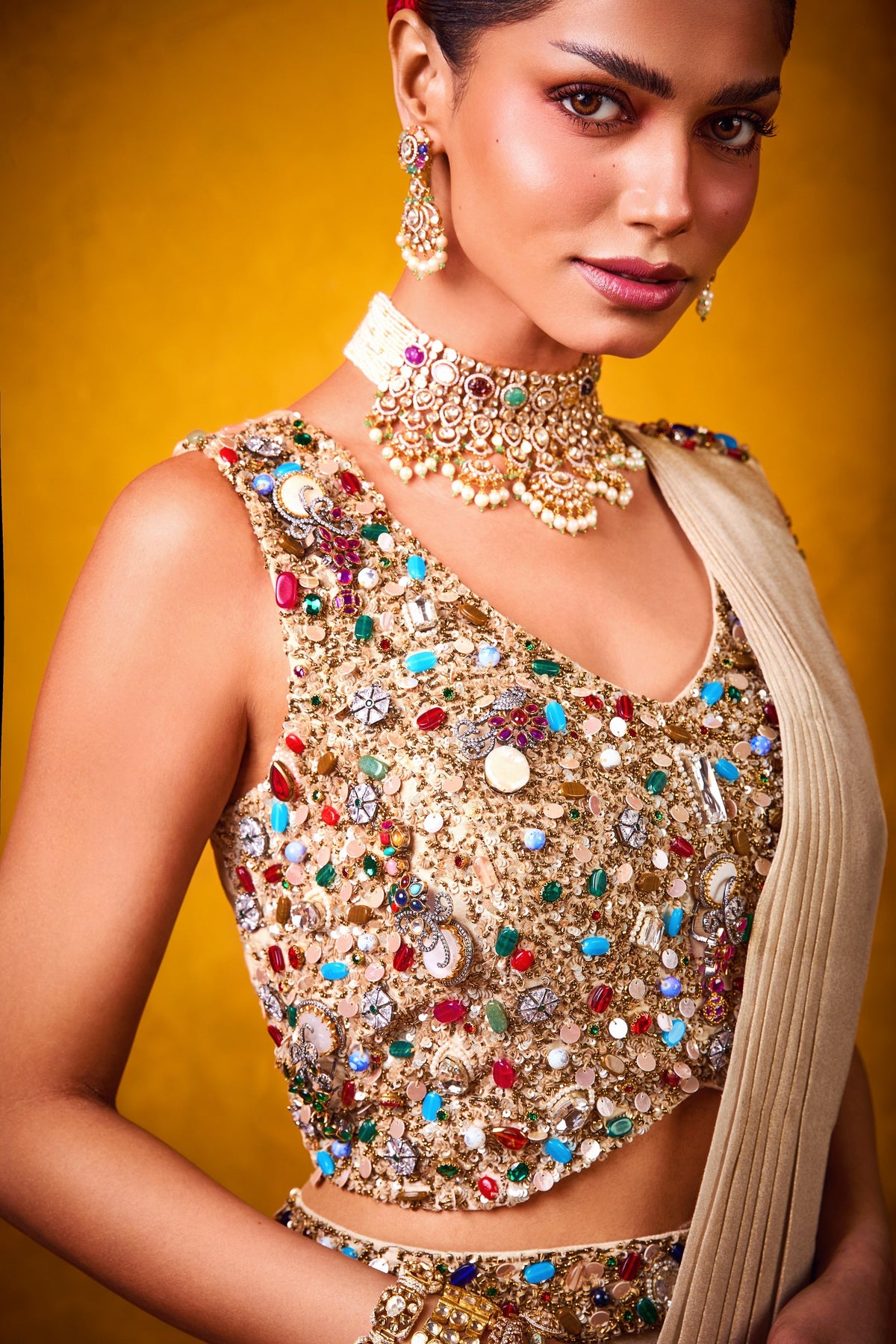 Navratna Saree in light gold - View 3