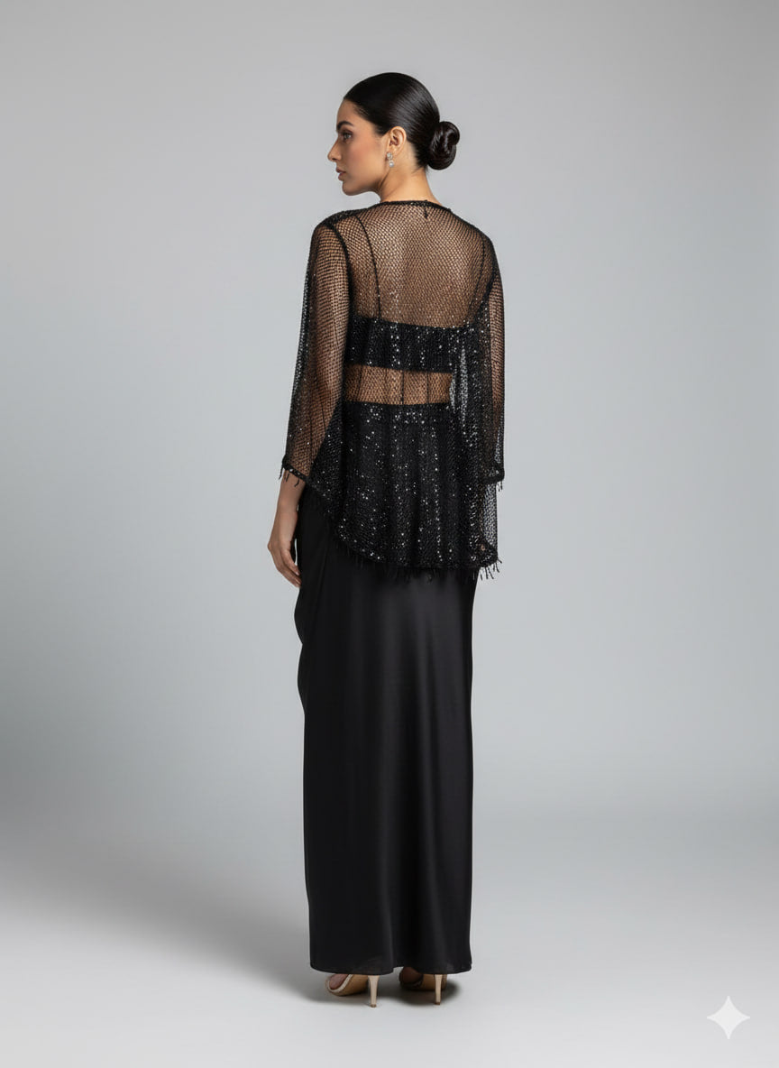 Black draped skirt with swarovski bustier and cape