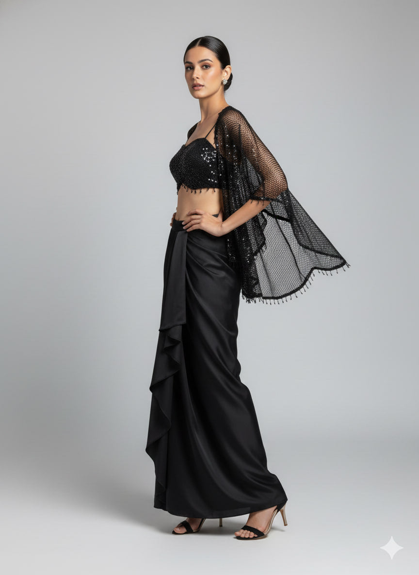 Black draped skirt with swarovski bustier and cape