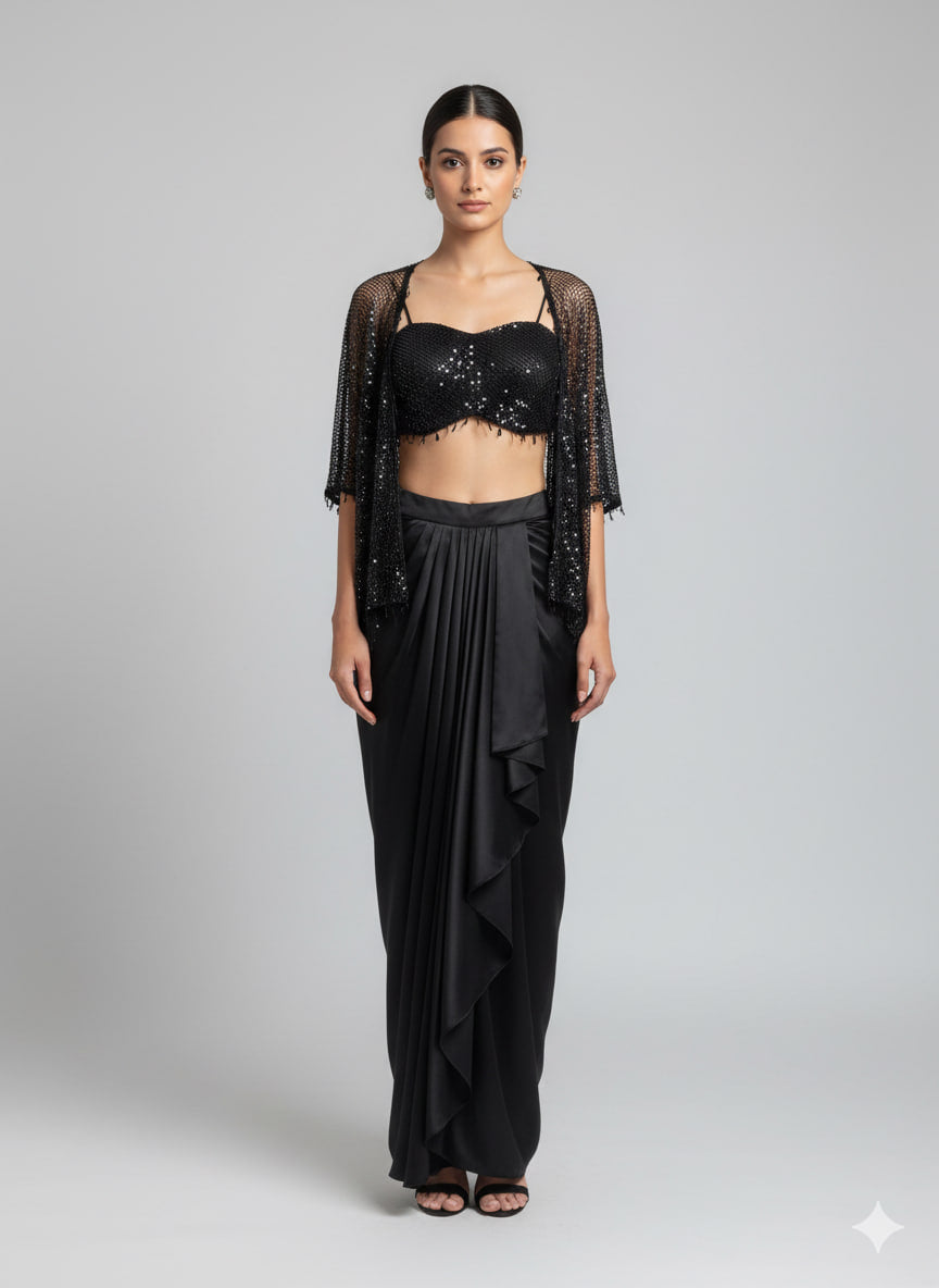 Black draped skirt with swarovski bustier and cape