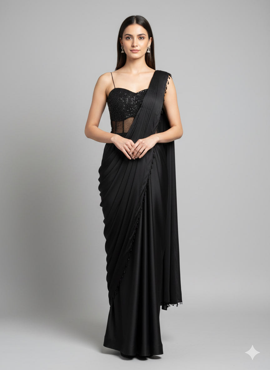 Black Swarovski Draped Saree Gown