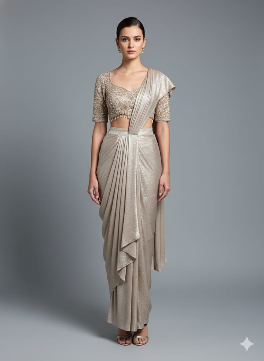 Blush Gold Foil Printed Draped Saree