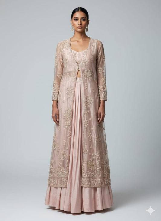 Pink Silk Organza Long Heavy Jacket Lehenga Set