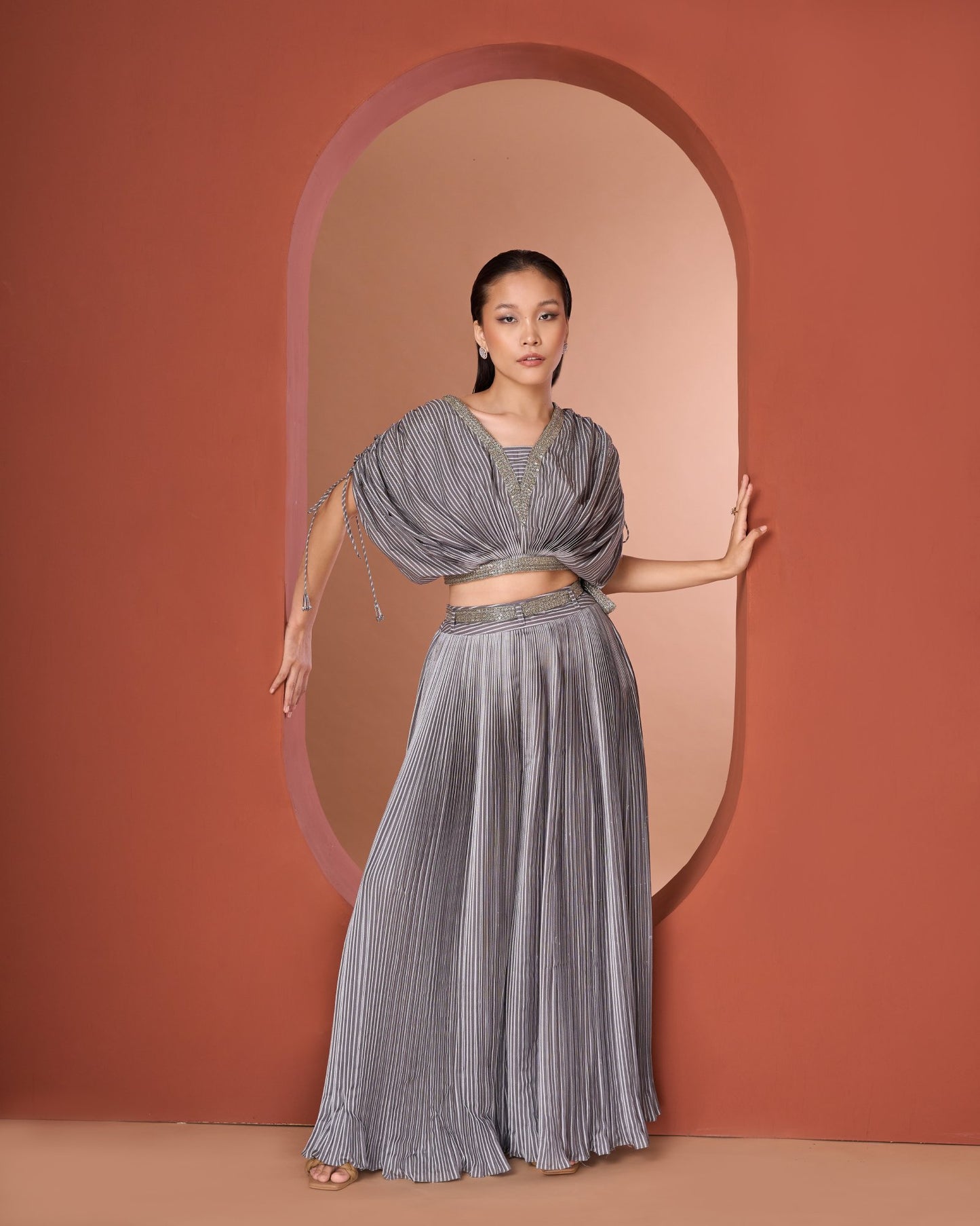 Grey Pleated Crop Top Set